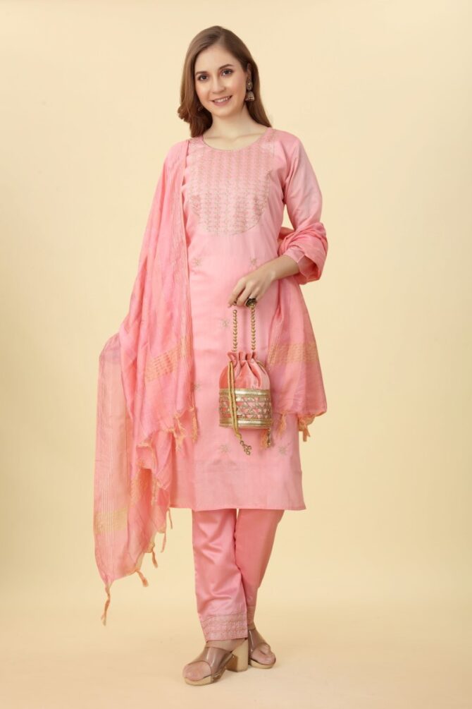Peach Pink Festive Embroidered Chanderi Kurta Pant Set with Dupatta by Premroop