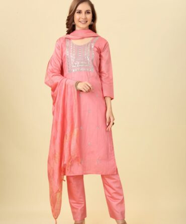 Chanderi Carrot Pink Embroidered Kurta Pant Set with Dupatta by Premroop