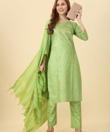 Green Floral Embroidered Chanderi Suit by Premroop
