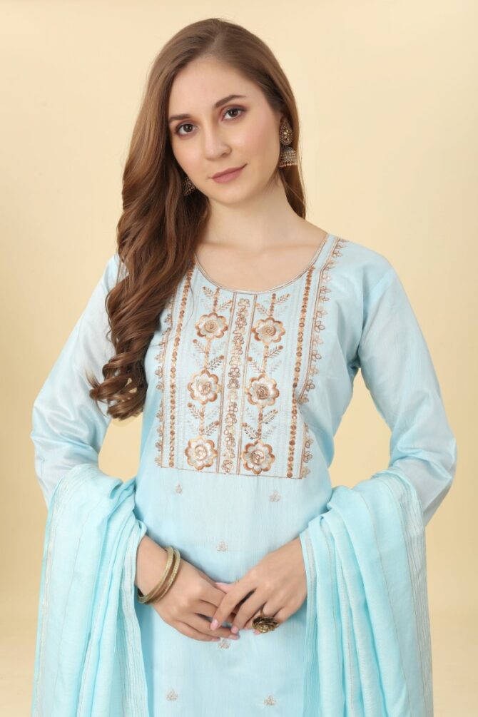 Powder Blue Embroidered Chanderi Kurta set with Dupatta by Premroop