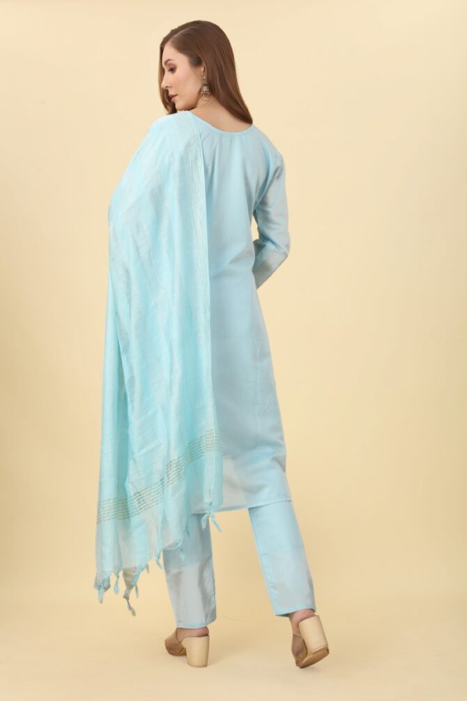 Powder Blue Embroidered Chanderi Kurta set with Dupatta by Premroop