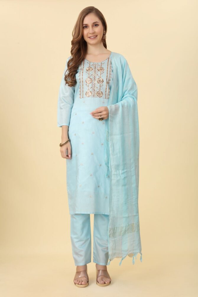 Powder Blue Embroidered Chanderi Kurta set with Dupatta by Premroop