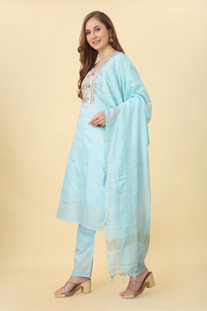 Powder Blue Embroidered Chanderi Kurta set with Dupatta by Premroop