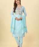 Powder Blue Embroidered Chanderi Kurta set with Dupatta by Premroop