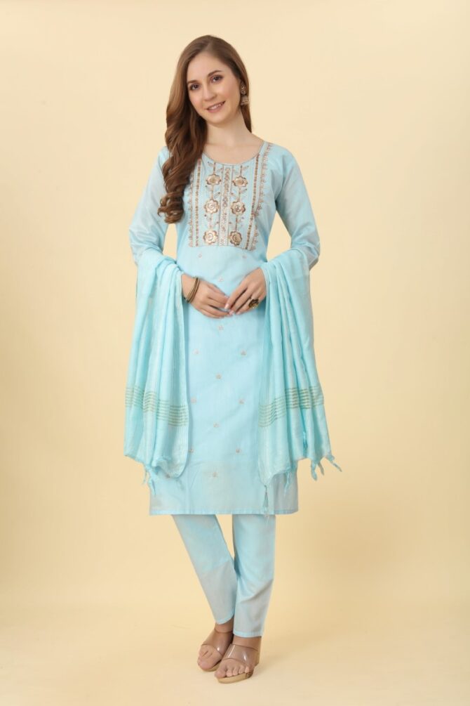 Powder Blue Embroidered Chanderi Kurta set with Dupatta by Premroop