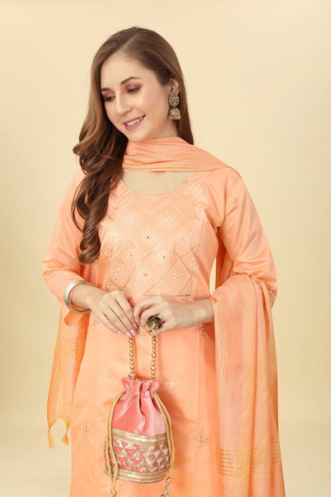 Opulent Orange Splendor: Golden Embroidered Chanderi Kurta Set by Premroop