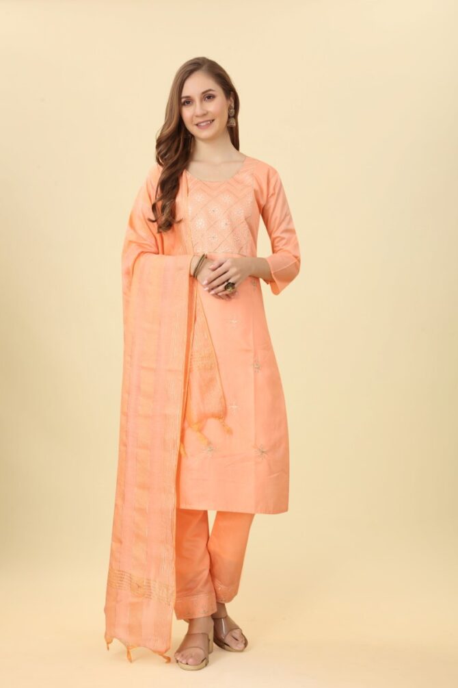 Opulent Orange Splendor: Golden Embroidered Chanderi Kurta Set by Premroop