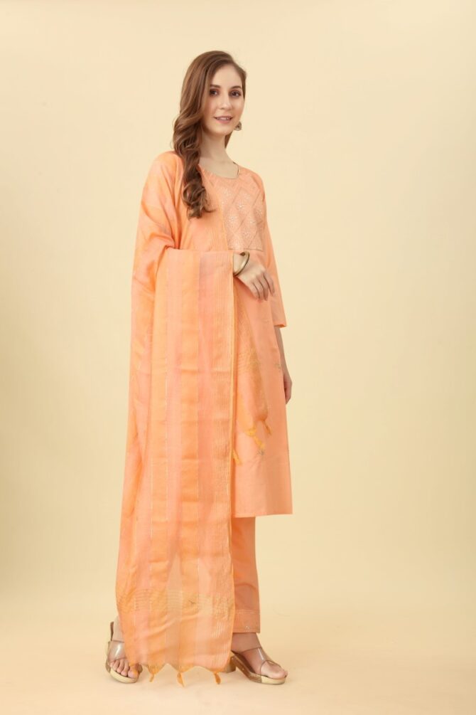 Opulent Orange Splendor: Golden Embroidered Chanderi Kurta Set by Premroop