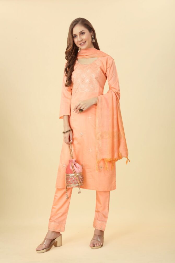 Opulent Orange Splendor: Golden Embroidered Chanderi Kurta Set by Premroop