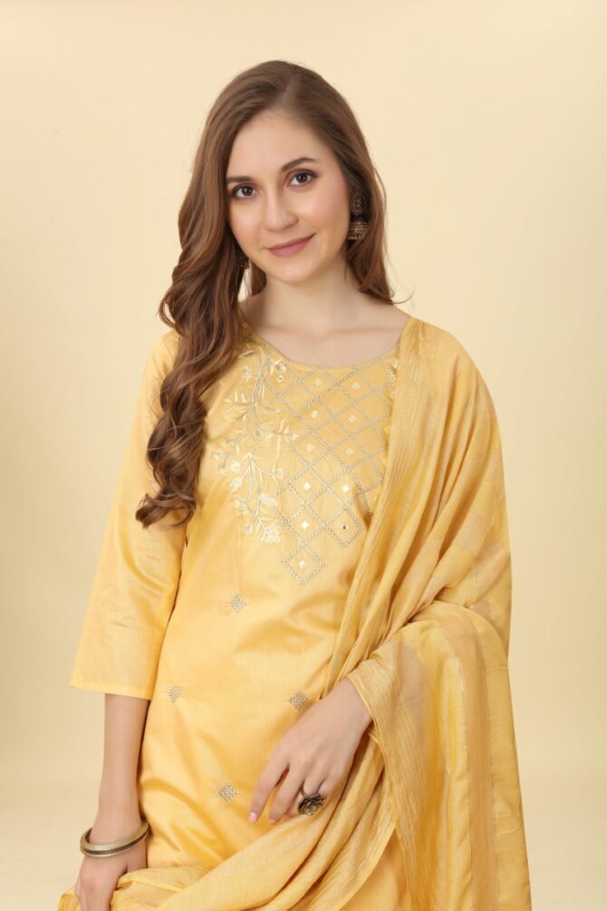 Sunny Yellow Embroidered Chanderi Suit by Premroop
