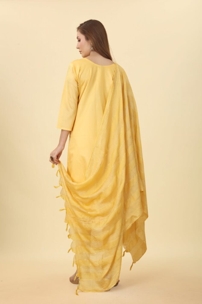 Sunny Yellow Embroidered Chanderi Suit by Premroop
