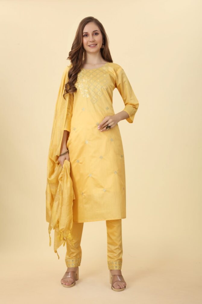 Sunny Yellow Embroidered Chanderi Suit by Premroop