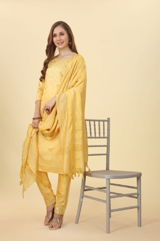 Sunny Yellow Embroidered Chanderi Suit by Premroop