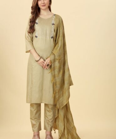 Olive Green Grace Embroidered Chanderi Kurta Pant Set by Premroop