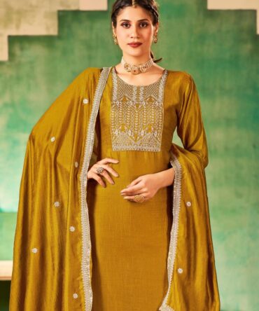 Mustard Yellow Vichitra Silk Embroidery Kurta With Pants And Dupatta