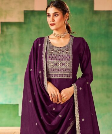 Wine Aari Hand Embroidered  Vichitra Silk Kurta Palazzo with Dupatta