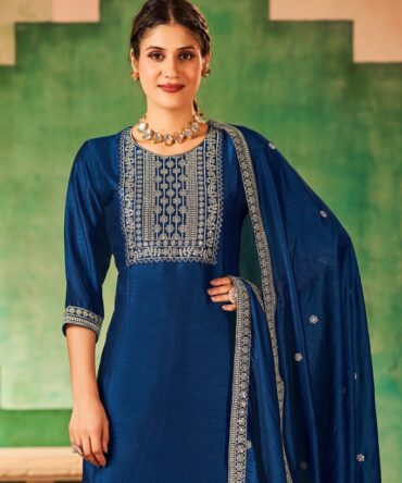 Blue Embroidery Vichitra Silk Kurta with Palazzo & Dupatta
