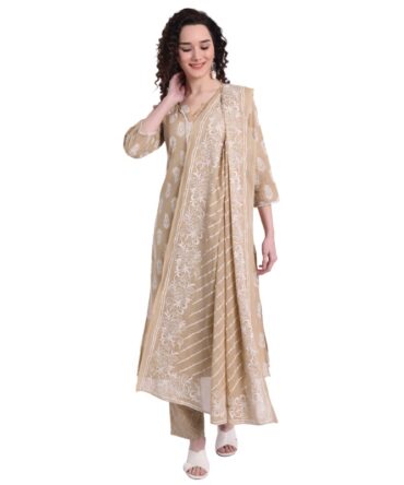 Floral Printed Notch Collar Pure Cotton Kurta with Trousers & Dupatta