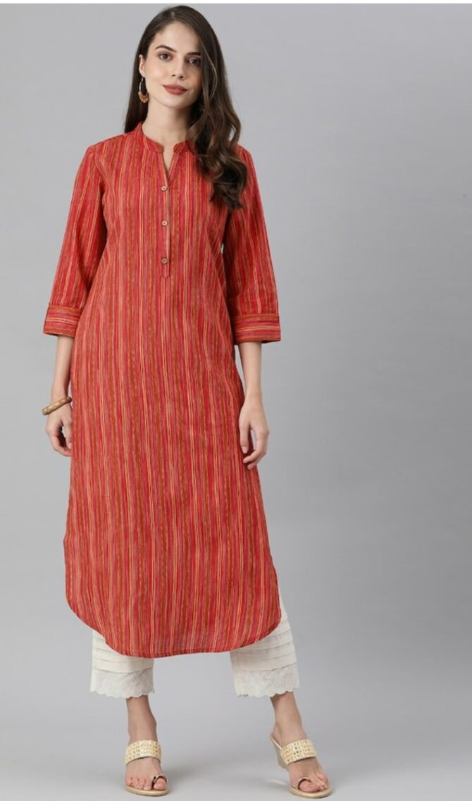Coral And Multi Color Stripe Straight Kurta With Curved Hemline And Roll Up Sleeves