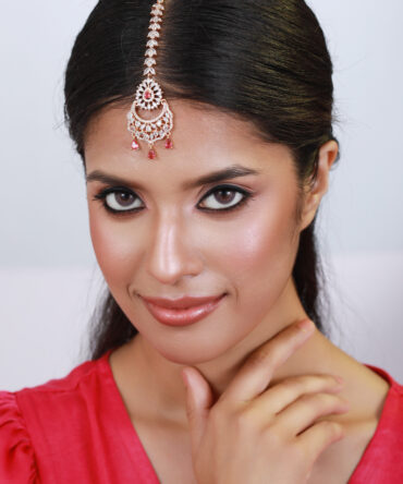 Rose Gold-Plated Magenta AD-Studded & White AD Floral Studded Maangtikka