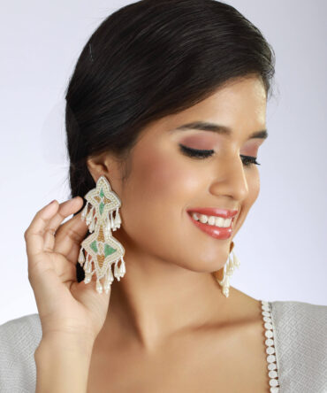 White Handwoven Beads & Green & Gold Studded Handcrafted Contemporary Drop Earrings
