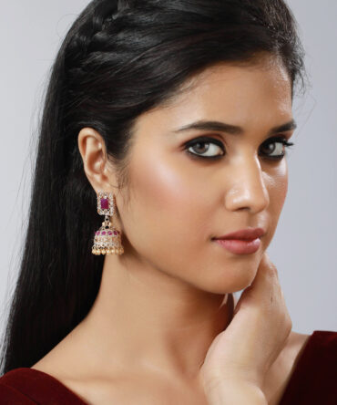 Pink Coloured Gold-Plated AD-Studded Handcrafted Square Shaped Jhumkas