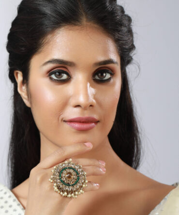 Gold-Plated Green & White Kundan-Studded & Beaded Adjustable Finger Ring