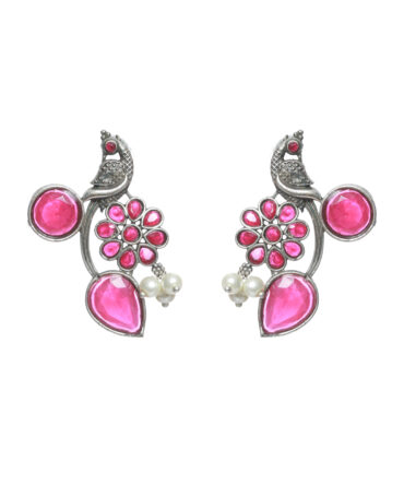 Silver Toned Oxidised-Pink Stone Studded Contemporary Peacock Shaped Drop Earrings