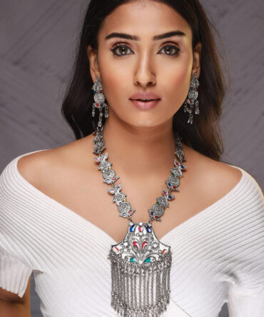 Oxidised Silver-Plated Meenakari & Ghungroo Beads Studded Handcrafted Jewellery Set