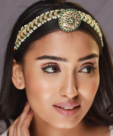 Gold-Plated Green & White Stone-Studded & Pearl Beaded Meenakari Matha Patti