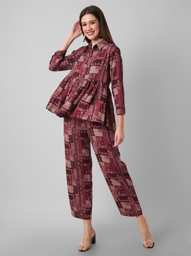 Women's Rayon Foil Printed Relaxed Fit and Flare Two Piece Co-Ord Set