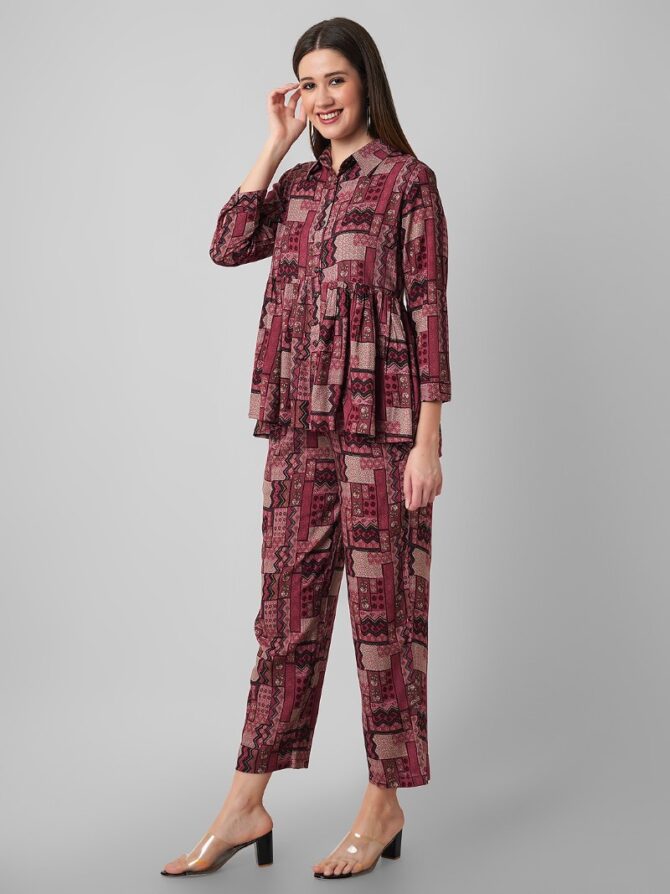 Women's Rayon Foil Printed Relaxed Fit and Flare Two Piece Co-Ord Set