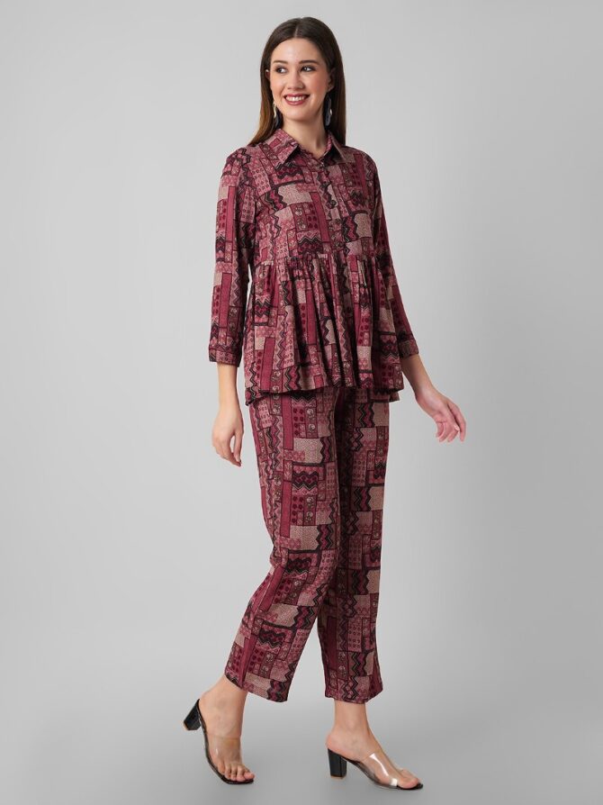 Women's Rayon Foil Printed Relaxed Fit and Flare Two Piece Co-Ord Set