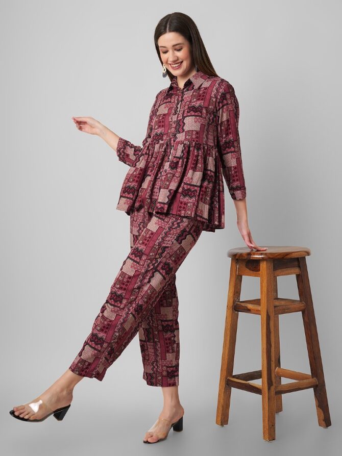 Women's Rayon Foil Printed Relaxed Fit and Flare Two Piece Co-Ord Set