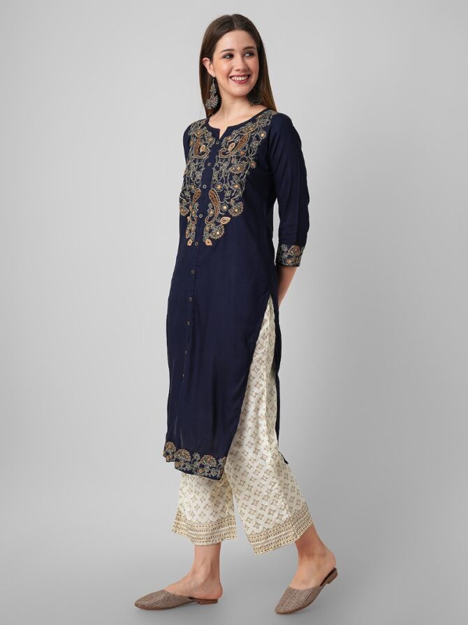 Women Navy Blue Yoke Design Straight Kurta