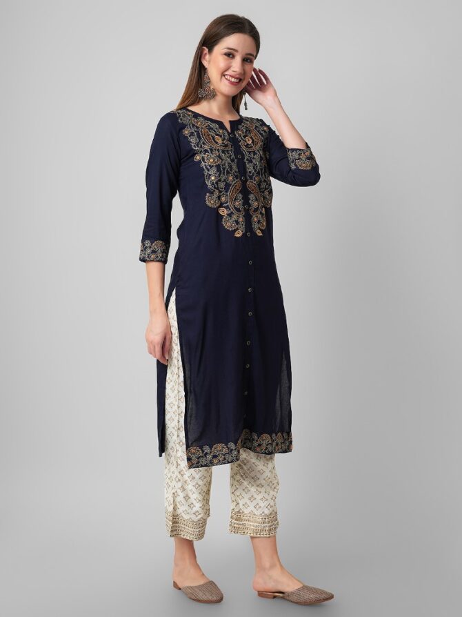 Women Navy Blue Yoke Design Straight Kurta