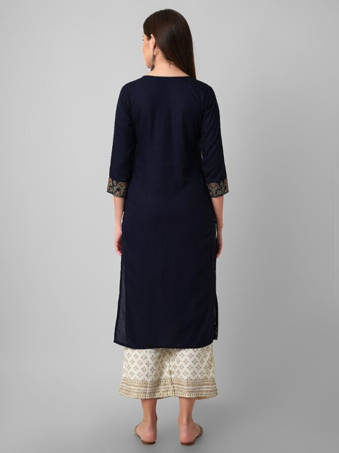 Women Navy Blue Yoke Design Straight Kurta