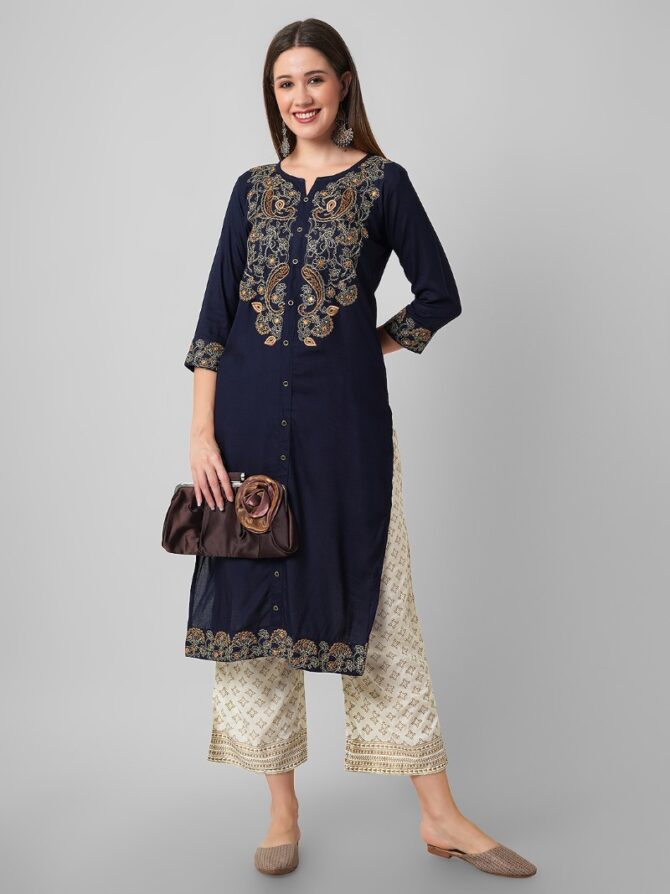 Women Navy Blue Yoke Design Straight Kurta
