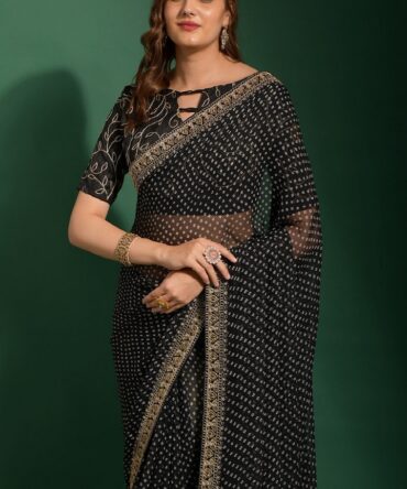 Bandhani Printed Embroidery Work Saree (Black)