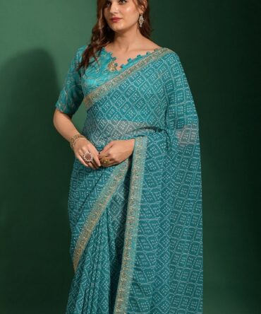 Bandhani Printed Embroidery Work Saree (Rama)