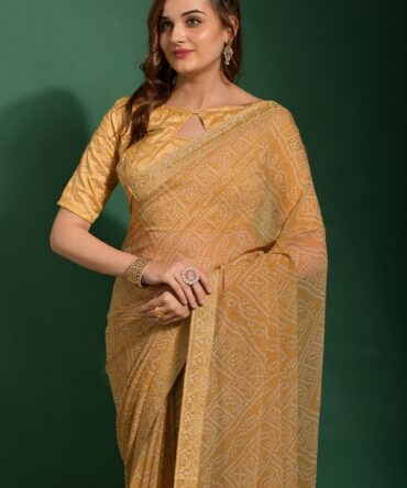 Bandhani Printed Embroidery Work Saree (Chiku)