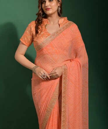Bandhani Printed Embroidery Work Saree (Peach)