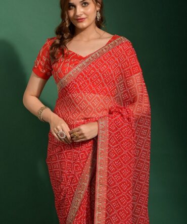 Bandhani Printed Embroidery Work Saree (Red)