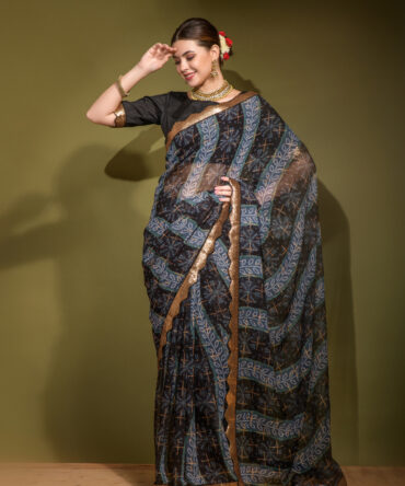 Avatar Georgette Chiffon with Bandhani Print With Foil Work (Black)