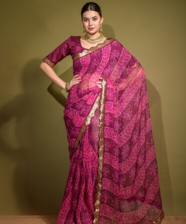 Avatar Georgette Chiffon with Bandhani Print With Foil Work (Pink)