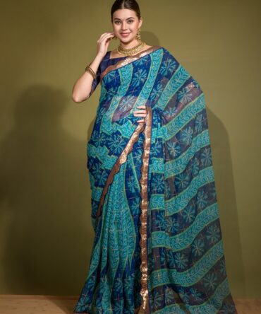 Avatar Georgette Chiffon with Bandhani Print With Foil Work (Blue)