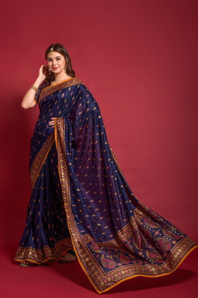 Kalindari Smooth  Silk Traditional  Saree (Navy Blue)