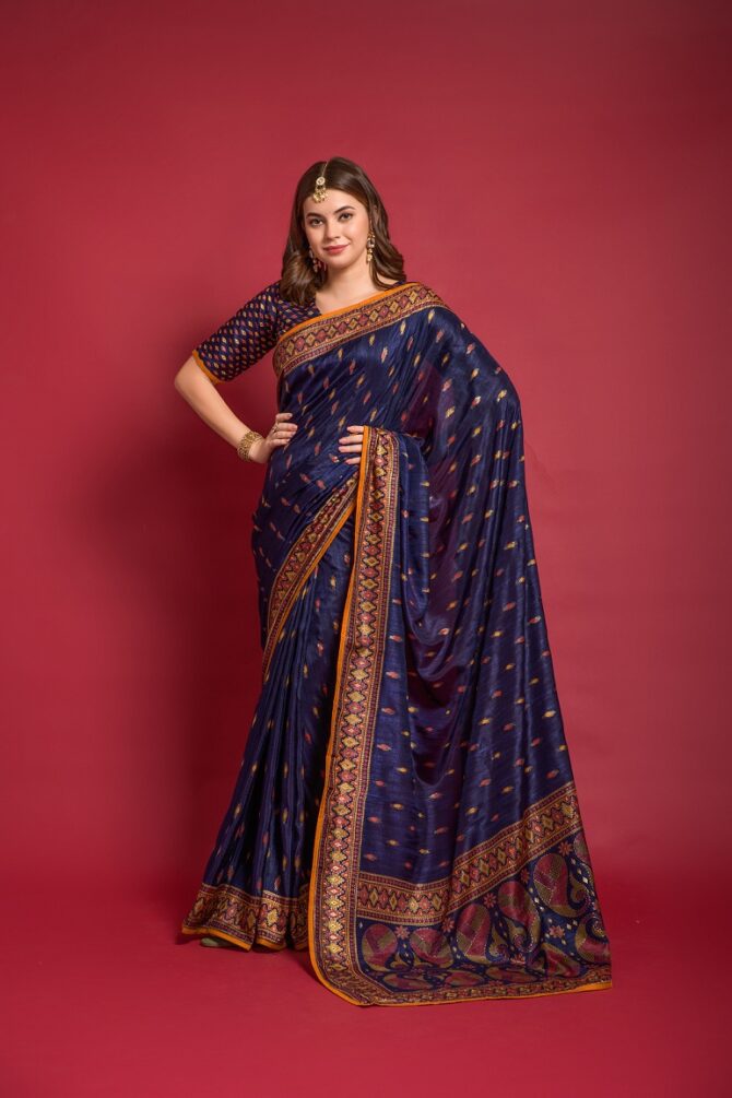 Kalindari Smooth  Silk Traditional  Saree (Navy Blue)