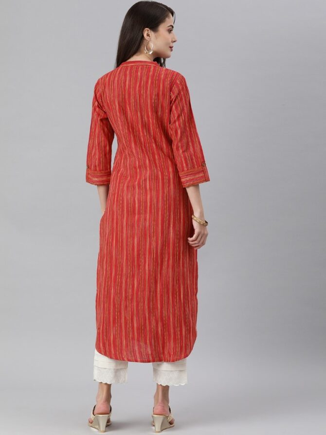 Coral And Multi Color Stripe Straight Kurta With Curved Hemline And Roll Up Sleeves