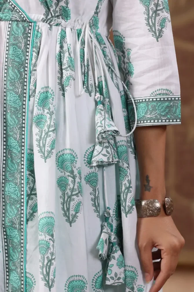 Teal Floral Anarkali Pure Cotton Kurta With Trousers & With Dupatta (Set of 3)
